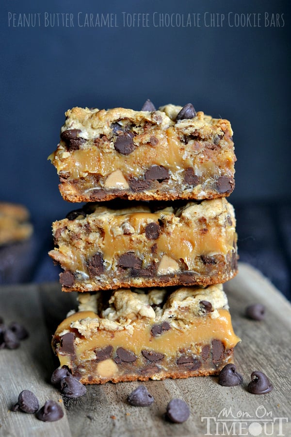 Peanut Butter Caramel Toffee Chocolate Chip Cookie Bars | MomOnTimeout.com