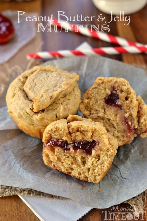 These fabulously moist Peanut Butter and Jelly Muffins make for a delicious and satisfying breakfast on-the-go or a great after-school snack! | MomOnTimeout.com | #recipe #breakfast #snack #peanutbutter