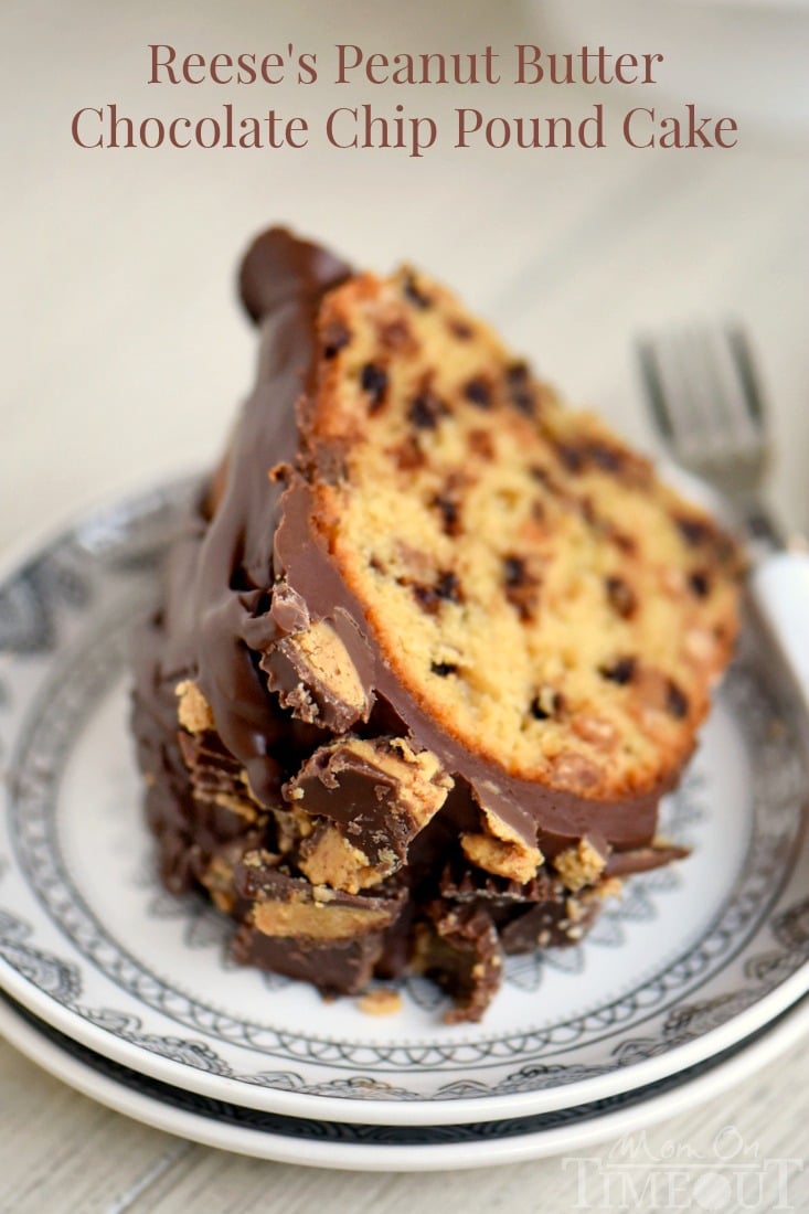 My new favorite cake! This amazingly easy and outrageously decadent Reese's Peanut Butter Chocolate Chip Pound Cake is a dream come true! So moist and delicious and topped with an incredible peanut butter chocolate glaze - no one will be able to resist! #ad
