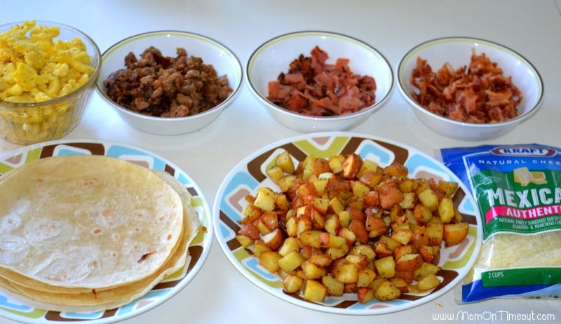 Breakfast Burrito ingredients on a counter ready to assemble