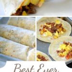 three image collage of breakfast burritos cut in half on baking sheet and ready to be wrapped and rolled