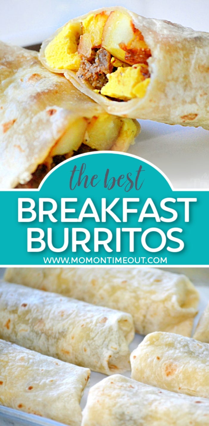 two image breakfast burritos title image with burrito cut in half and 6 burritos on a baking sheet