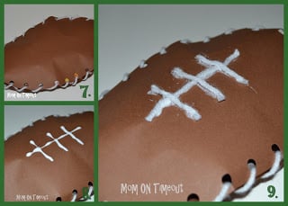 three image collage of paper footballs made with brown construction paper and yarn