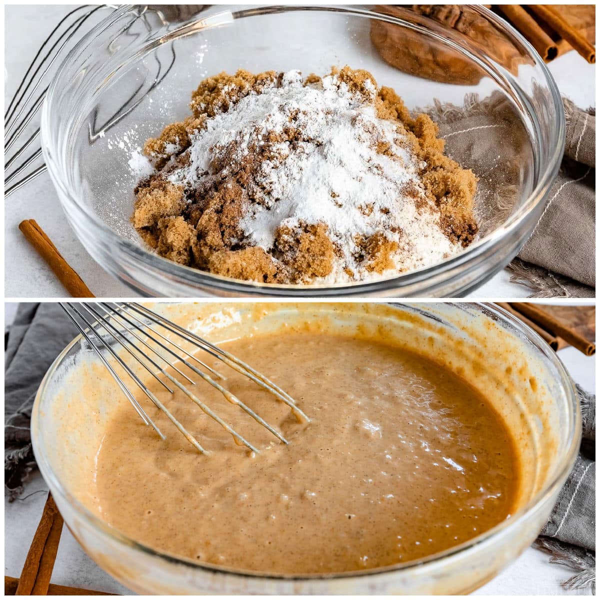 pumpkin pancakes being mixed together in glass bowl in 2 image collage