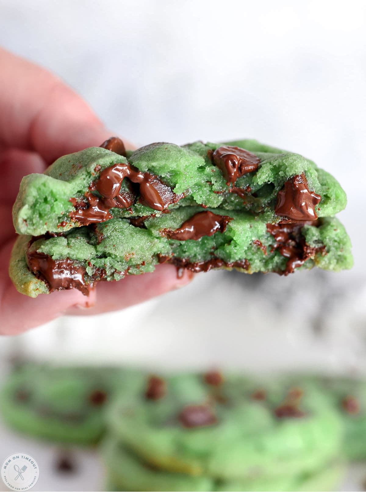 Hand holding mint chocolate chip cookie torn in half showing  melted chocolate chips.
