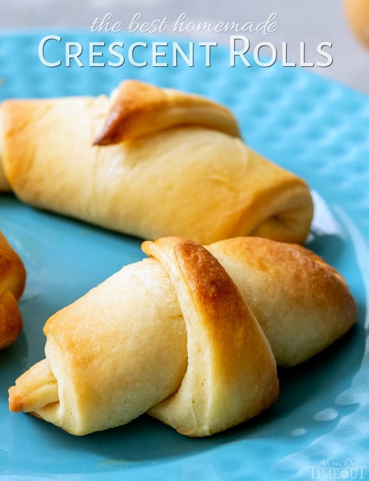 These Homemade Crescent Rolls are so buttery, flaky and totally delicious! Homemade crescent rolls are way better than store bought and use ingredients you probably already have on hand. I've been making these rolls for over 25 years and they are an absolute must for family dinners and holiday meals. // Mom On Timeout #crescent #rolls #recipe #baking #holidays #Christmas #Easter #Thanksgiving #momontimeout #roll #crescents crescent-rolls-recipe-title