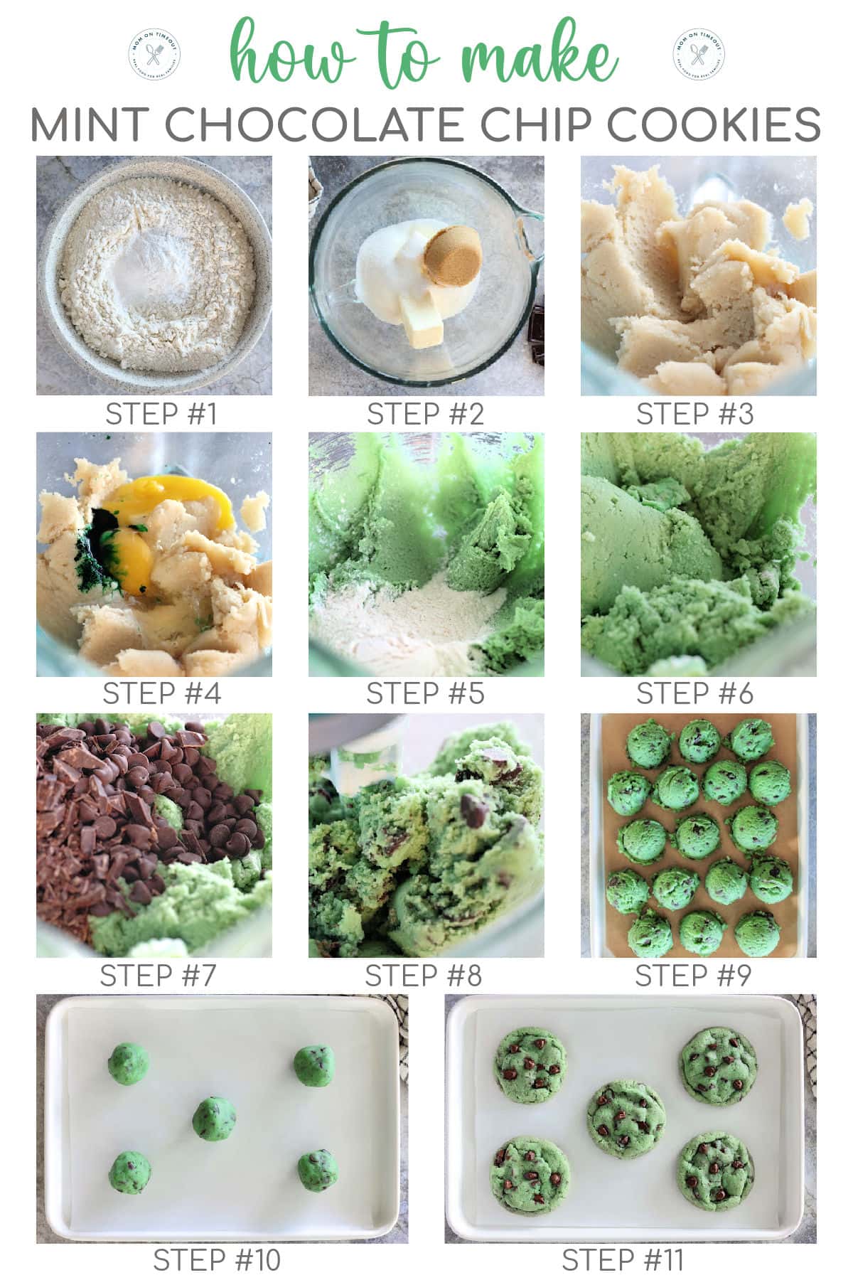 Eleven image graphic showing how to make mint chocolate chip cookies step by step. Image has title at top. 