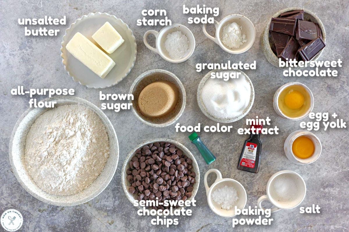 Overhead shot of mint chocolate chip cookies ingredients measured out and labeled.