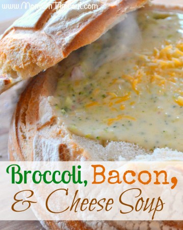 Broccoli, Bacon, and Cheese Soup from MomOnTimeout.com | The ULTIMATE comfort food!  Delicious served in a crusty, sourdough bread bowl!  #recipe #soup