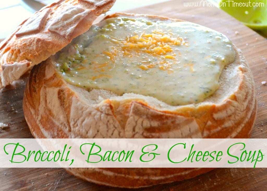Broccoli, Bacon, and Cheese Soup from MomOnTimeout.com | The ULTIMATE comfort food! Delicious served in a crusty, sourdough bread bowl! #recipe #soup