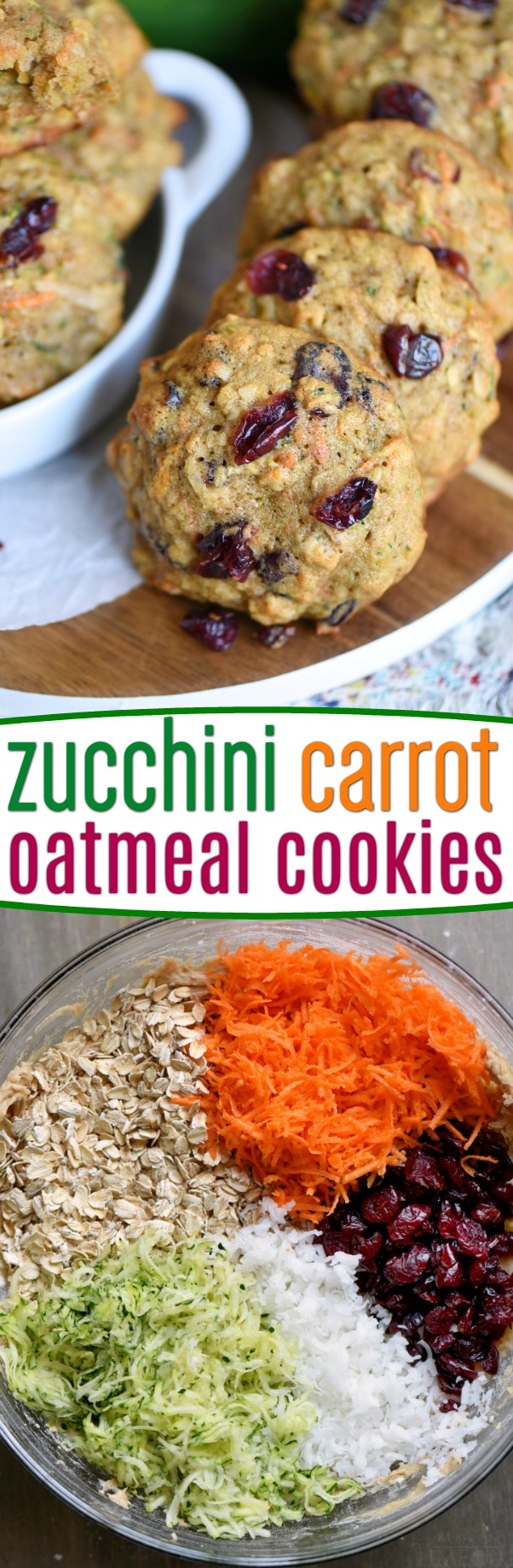 These amazing Zucchini Carrot Oatmeal Cookies are packed full of zucchini, carrots, oatmeal, dried cranberries, and coconut!  All the good stuff! The perfect after school snack! // Mom On Timeout