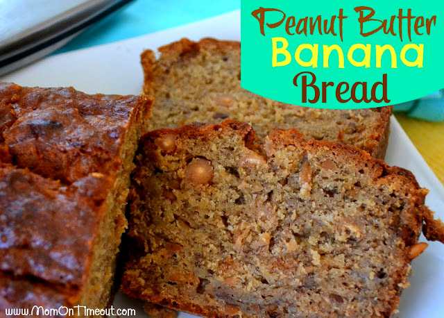 peanut butter banana bread on white plate with loaf and two slices