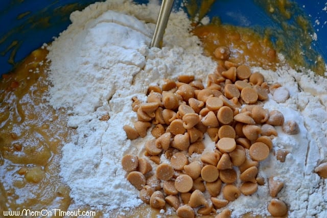 peanut butter chips and flour added to the banana bread batter