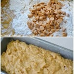 four image collage of peanut butter banana bread sliced ingredients in a bowl poured into a loaf pan and on a green napkin