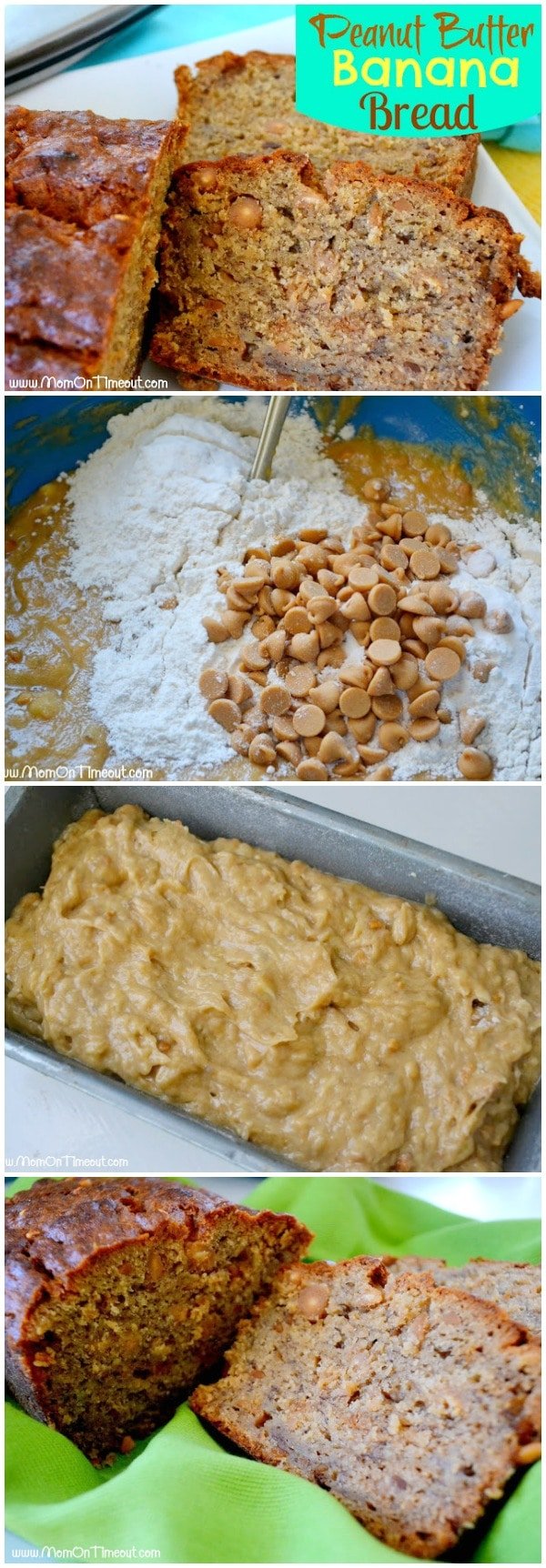 four image collage of peanut butter banana bread sliced ingredients in a bowl poured into a loaf pan and on a green napkin