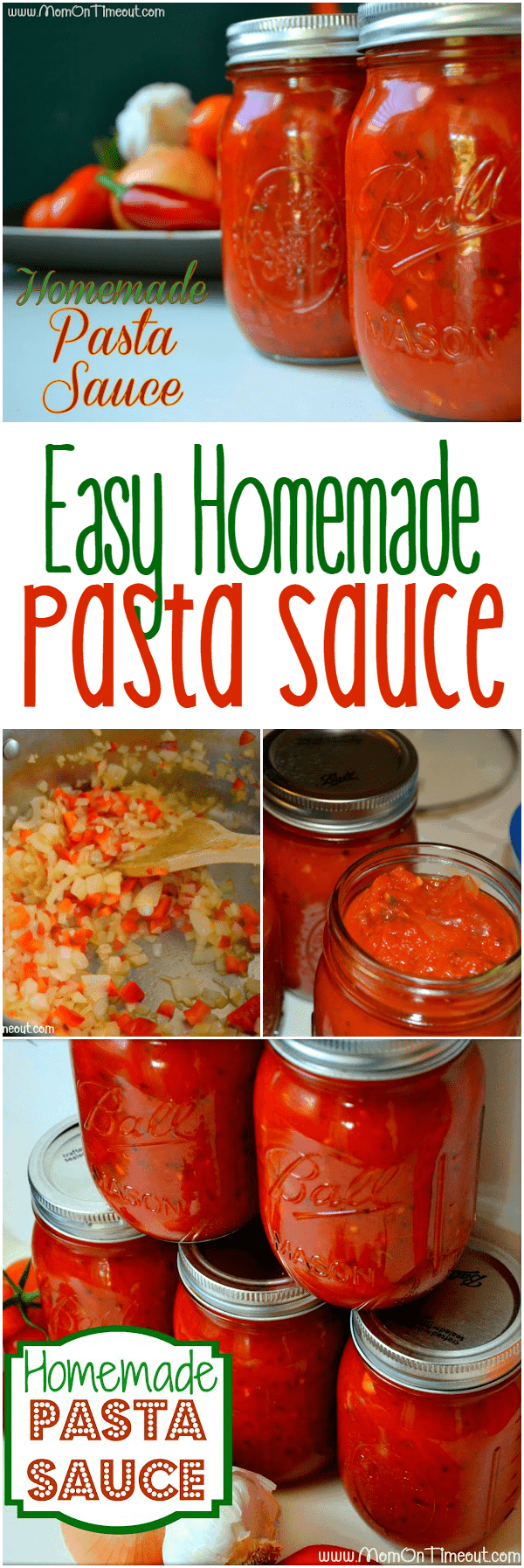 This Easy Homemade Pasta Sauce recipe is a great way to use all those fresh veggies in your garden! Not into canning? No worries, this sauce can be frozen in ziploc bags as well! | MomOnTimeout.com