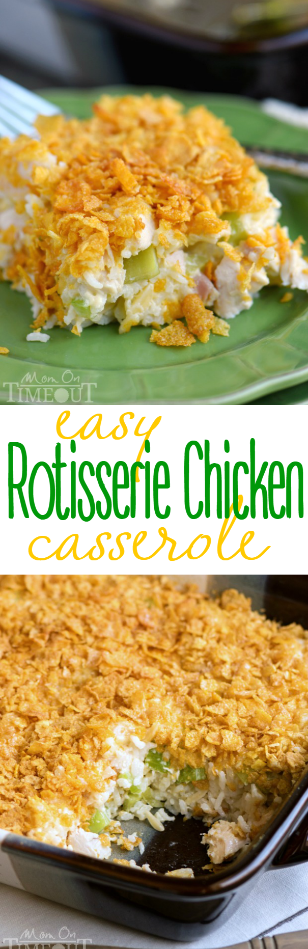 chicken rice casserole with rotisserie chicken in baking dish