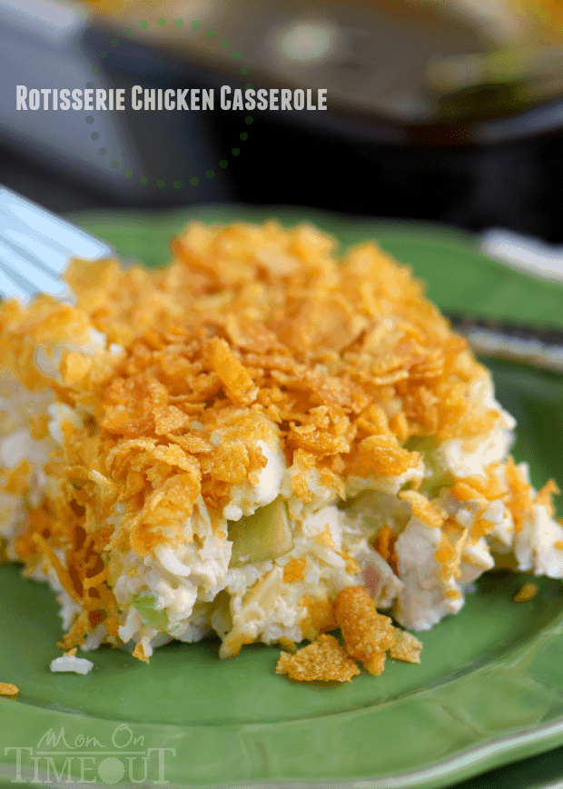 rotisserie chicken and rice casserole plated with cornflake topping