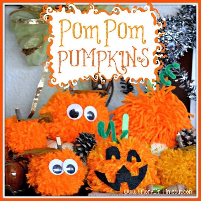 Make these Pom Pom Pumpkins with the kids this Halloween season! Super fun and SO easy too!  | MomOnTimeout.com