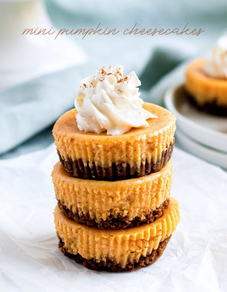 mini pumpkin cheesecakes stacked with title