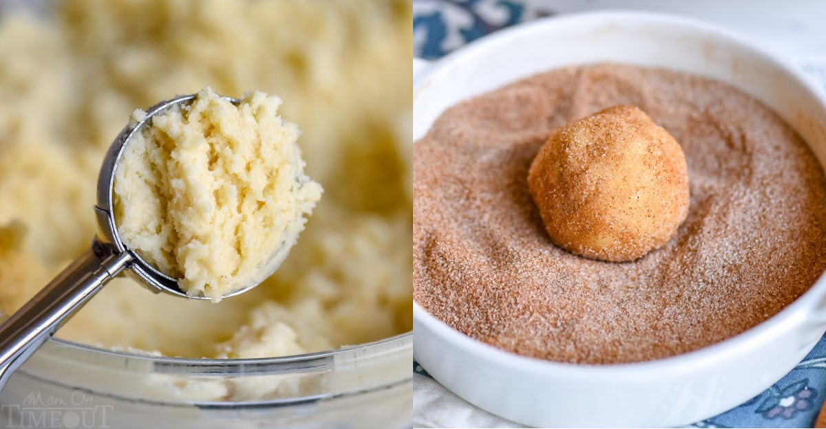 2 image collage of cookie dough being scooped and then rolled in cinnamon sugar mixture