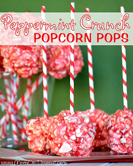 Marshmallow Peppermint Crunch Popcorn Ball Pops | MomOnTimeout.com
