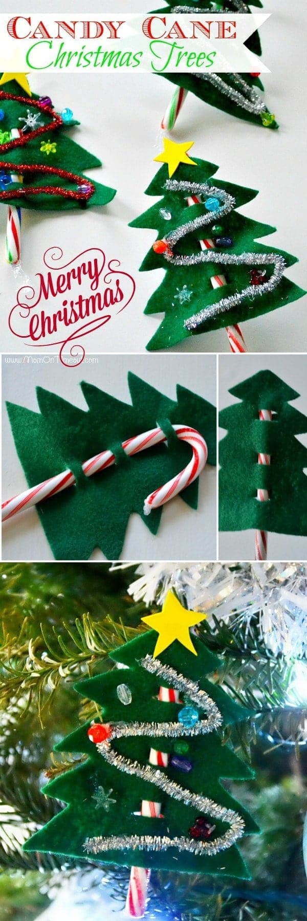 Tis the season for all sorts of fun! These easy Candy Cane Christmas Trees are a holiday tradition that we all love! A great craft idea for little ones, the perfect Christmas party favor, and a pretty gift topper too! // Mom On Timeout