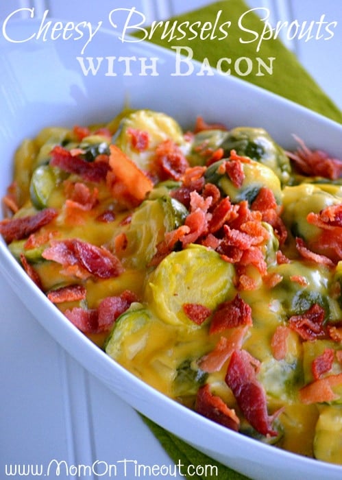 Cheesy Brussels Sprouts with Bacon | MomOnTimeout.com #side #recipe