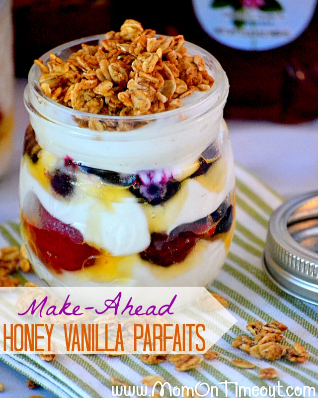 Make-Ahead Honey Vanillas Parfaits | MomOnTimeout.com - Make these parfaits the night before and be ready to roll the next morning. Delicious and nutritious, they're truly the perfect way to start your day! #recipe #breakfast