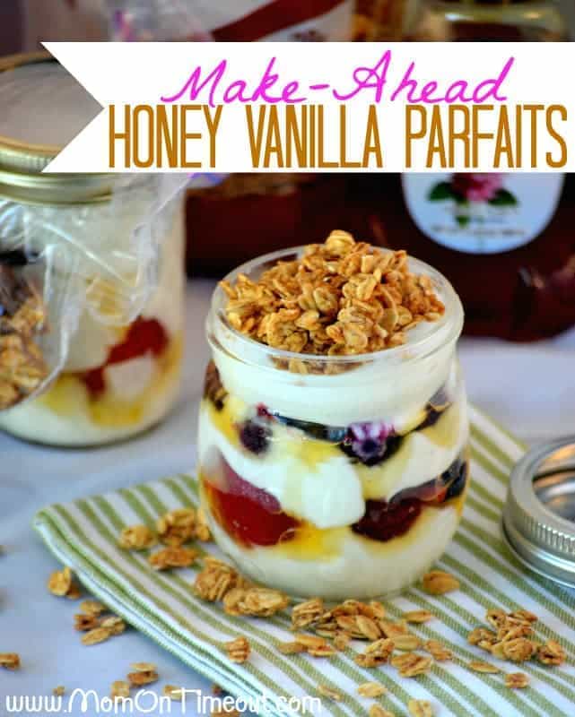 Make-Ahead Honey Vanillas Parfaits | MomOnTimeout.com - Make these parfaits the night before and be ready to roll the next morning. Delicious and nutritious, they're truly the perfect way to start your day! #recipe #breakfast