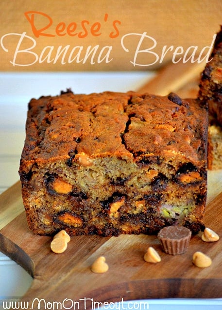 Reese's {Explosion} Banana Bread from MomOnTimeout.com | An explosion of Reese's turns this banana bread into the ultimate treat! #bread #breakfast #Reese's