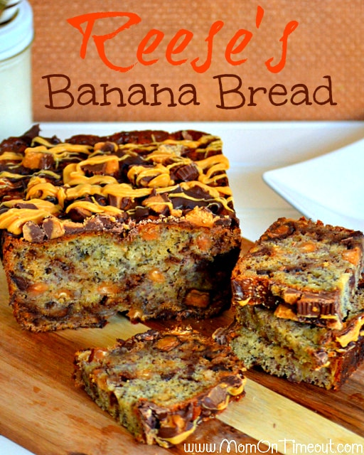 Reese's {Explosion} Banana Bread from MomOnTimeout.com | An explosion of Reese's turns this banana bread into the ultimate treat! #bread #breakfast #Reese's
