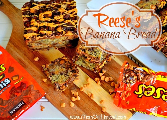 Reese's {Explosion} Banana Bread from MomOnTimeout.com | An explosion of Reese's turns this banana bread into the ultimate treat! #bread #breakfast #Reese's