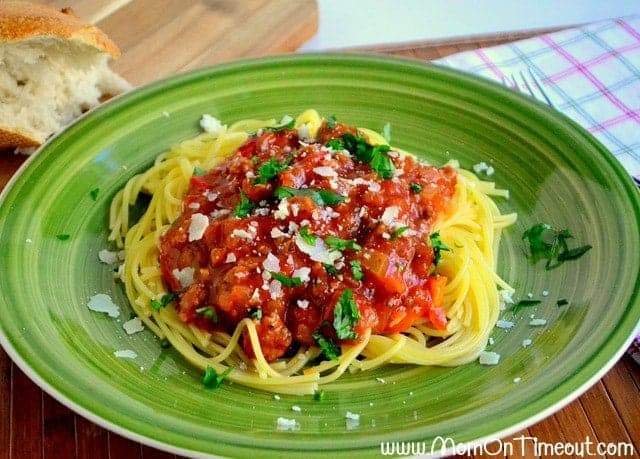 Slow Cooker {Veggie-Full} Spaghetti | MomOnTimeout.com - Let your slow cooker do all the work in this healthy spaghetti recipe! #dinner #slowcooker #spaghetti