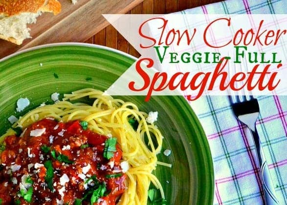 Slow Cooker {Veggie-Full} Spaghetti | MomOnTimeout.com - Let your slow cooker do all the work in this healthy spaghetti recipe! #dinner #slowcooker #spaghetti