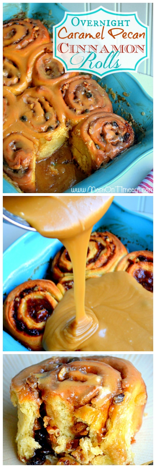 These outrageous Caramel Pecan Cinnamon Rolls can be prepared the night before and baked fresh in the morning! Dripping with delicious caramel icing and stuffed with pecans - these cinnamon rolls are irresistible! // Mom On Timeout