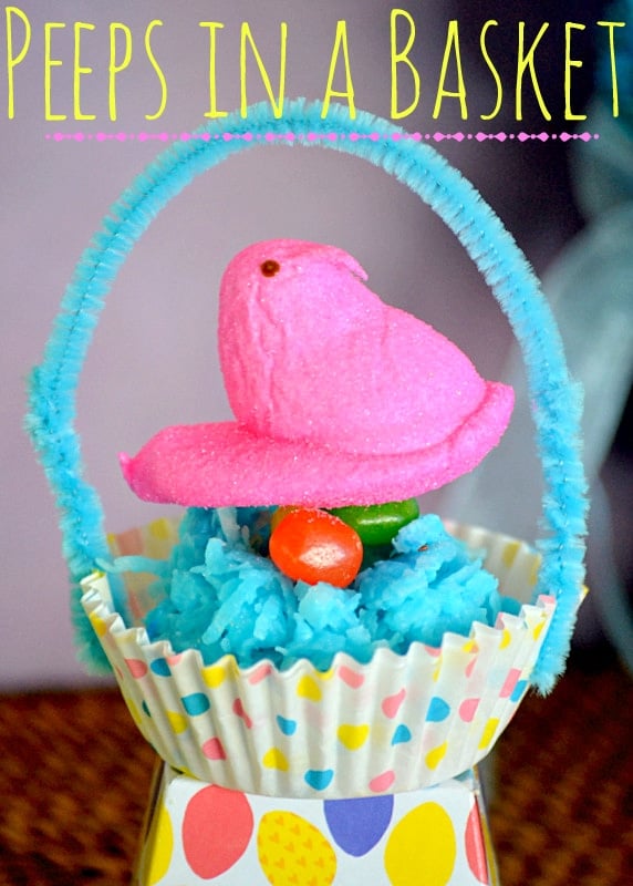 Peeps in a Basket | MomOnTimeout.com - Peeps are nestled in a coconut nest and placed in a cupcake liner basket. So much fun for #Easter #peeps