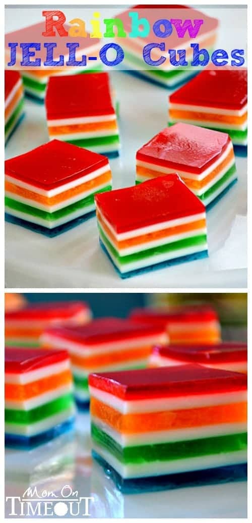 Rainbow JELL-O Cubes | MomOnTimeout.com - Rainbow JELL-O Cubes are perfect for St. Patrick's Day or any day you want to bring a smile to someone's face! The perfect treat! #Jello #StPatricksDay #recipe