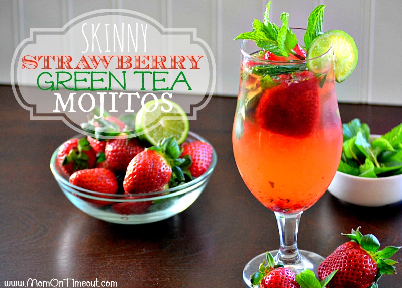 Skinny Strawberry Green Tea Mojitos | MomOnTimeout.com #cocktail #strawberry #recipe #beverage