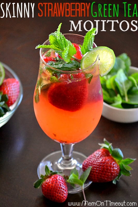 Skinny Strawberry Green Tea Mojitos | MomOnTimeout.com #cocktail #strawberry #recipe #beverage