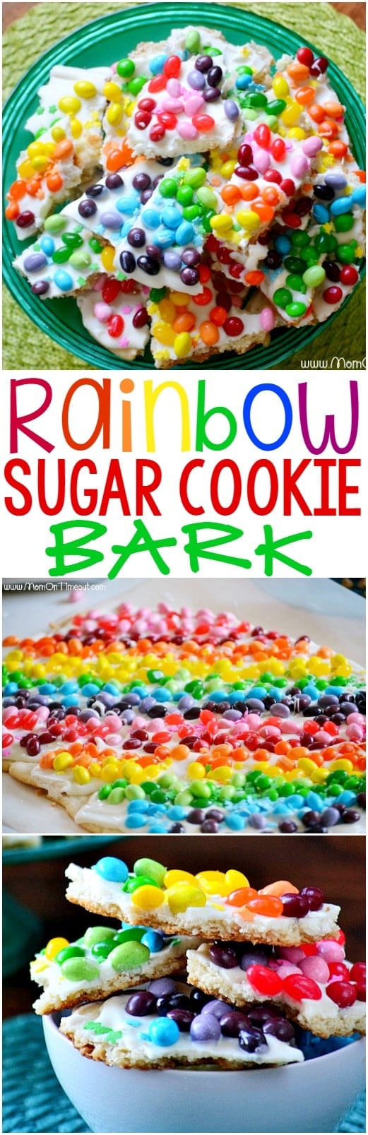 Rainbow Sugar Cookie Bark made with refrigerated sugar cookie dough and candy - get ready to taste the rainbow! This easy dessert is always a hit with kids and is perfect for St. Patrick's Day and other parties!