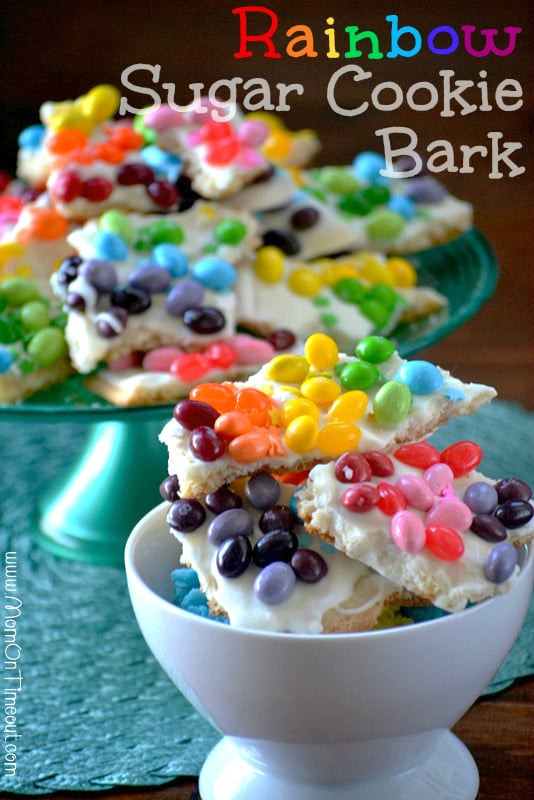 rainbow sugar cookie bark broken up into pieces in bowl