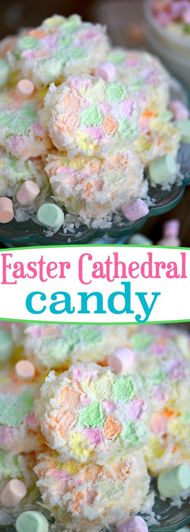 This Easter Cathedral Candy recipe requires only three ingredients and is so pretty! Great for Easter, baby showers, and other parties! Kids love to help with this easy recipe! // Mom On Timeout