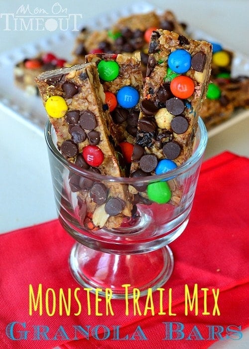 Monster Trail Mix Granola Bars | MomOnTimeout.com These no-bake granola bars take less than ten minutes to prepare and taste WAY better than any store bought granola bars!