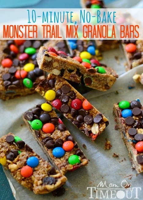 Monster Trail Mix Granola Bars | MomOnTimeout.com These no-bake granola bars take less than ten minutes to prepare and taste WAY better than any store bought granola bars!