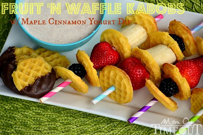 Fruit ‘n Waffle Kabobs with Maple Cinnamon Yogurt Dip