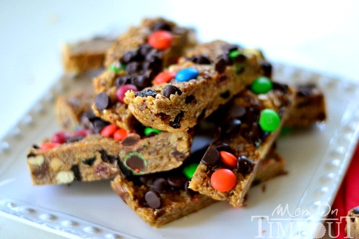 Monster Trail Mix Granola Bars | MomOnTimeout.com These no-bake granola bars take less than ten minutes to prepare and taste WAY better than any store bought granola bars!