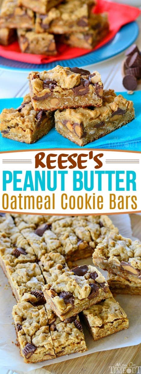 Reese's Peanut Butter Oatmeal Cookie Bars are perfect for the peanut butter lover in your life!   These easy oatmeal cookie bars are loaded with peanut butter and Reese's candy for the ultimate treat. This delicious recipe is perfect for an after school snack and makes enough for a party too. I wouldn't dream of serving them without ice cold milk - it's a must! // Mom On Timeout #oatmeal #cookies #cookies #bars #reeses #peanut butter #dessert #recipe #sweets