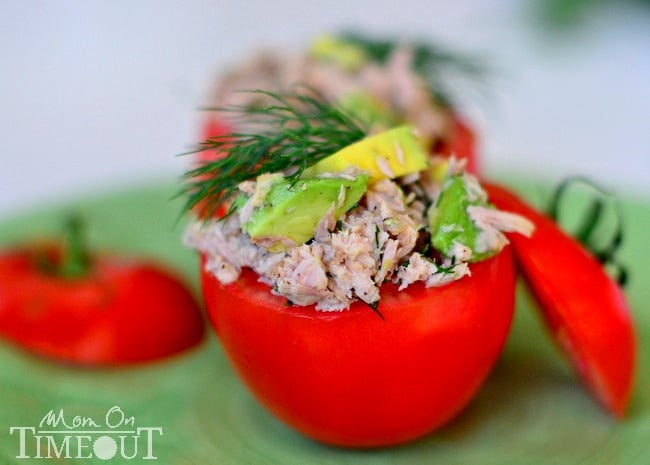 Tuna and Avocado Stuffed Tomatoes make a lighter lunch packed full of nutrients! Easy, healthy and delicious! // Mom On Timeout