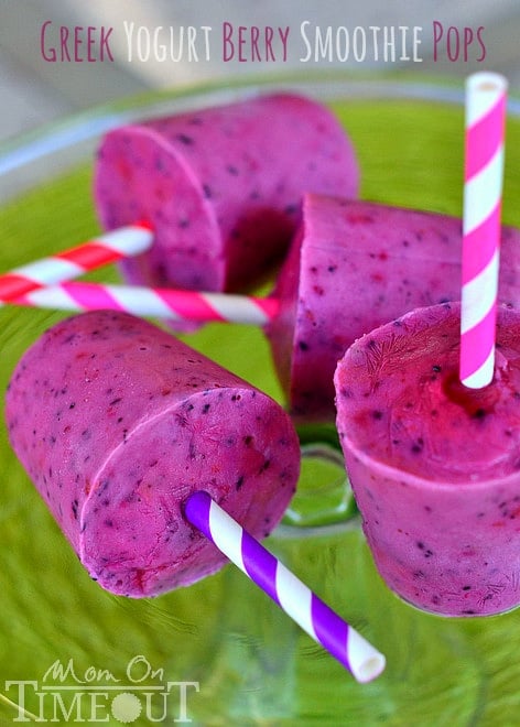 Greek Yogurt Berry Smoothie Pops are a healthy and satisfying treat for a hot day! Easy to make and super kid friendly! | MomOnTimeout.com | #recipe